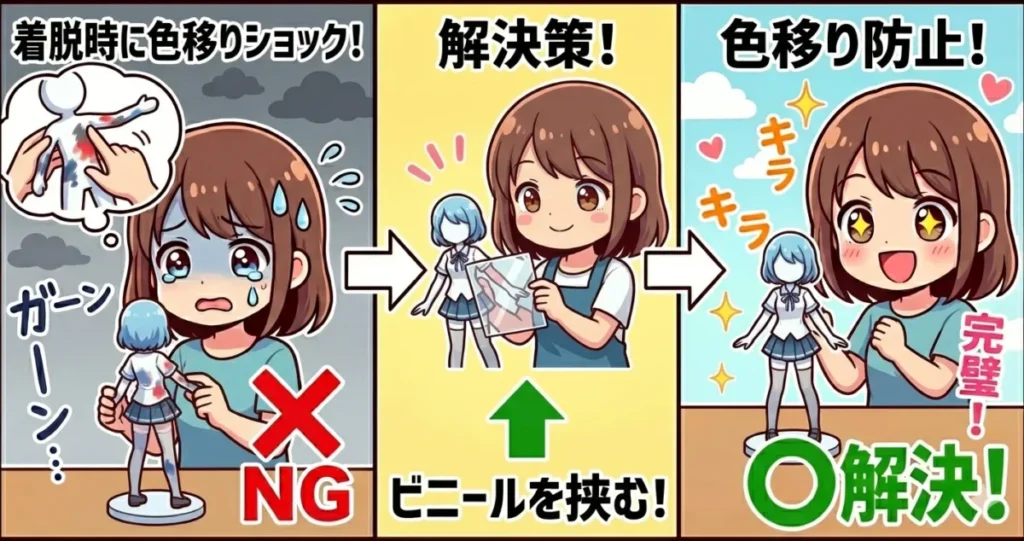 フィギュアの色移り防止に効果的な方法5つ目は、フィギュアを着脱するときはビニールを挟んでおこなうこと。