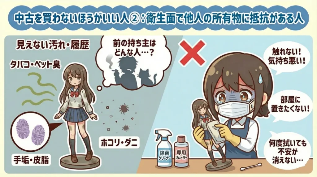 中古フィギュアは危ない?買わないほうがいい人の特徴2つ目は、衛生面で他人の所有物に抵抗がある人です。