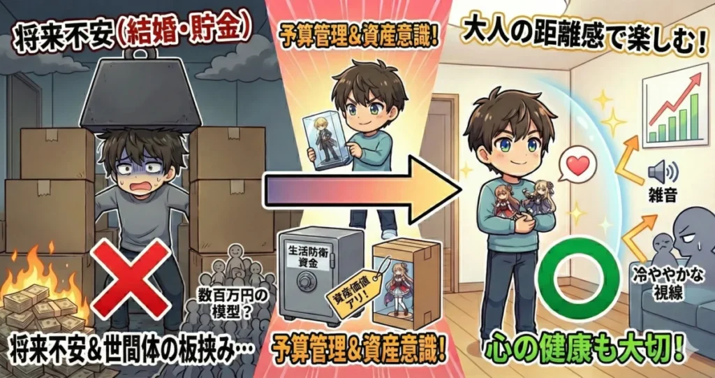 フィギュア集めを無駄に感じる理由3つ目は、将来への金銭的な不安と周囲からの視線