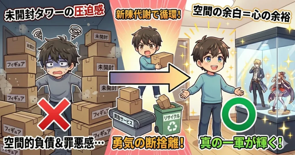 フィギュア集めを無駄に感じる理由2つ目は、開封せずに積み上がっていく箱へのプレッシャー