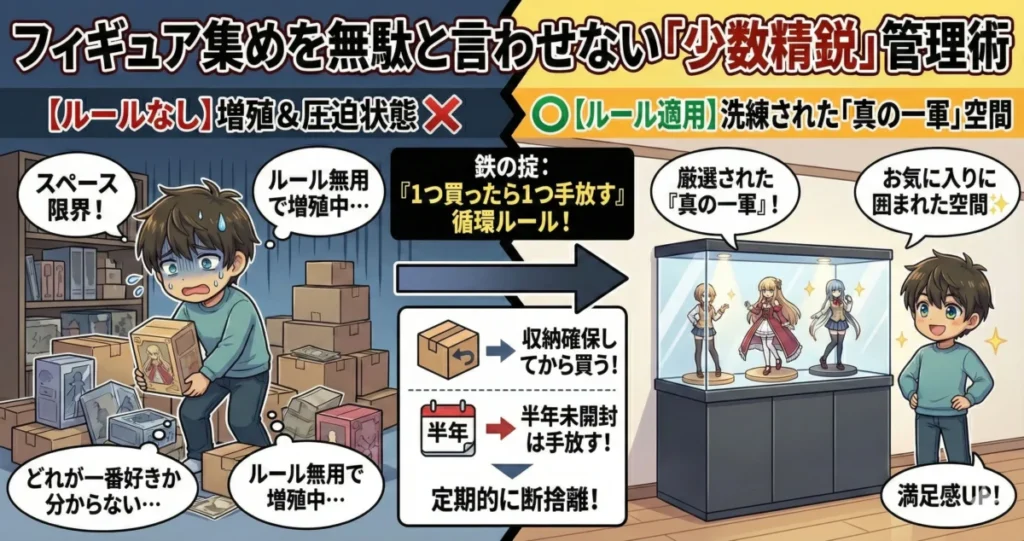 フィギュア集めを無駄と言わせない「少数精鋭」管理術1つ目は、「1つ買ったら1つ手放す」などフィギュアを集めるうえでのルールを決める