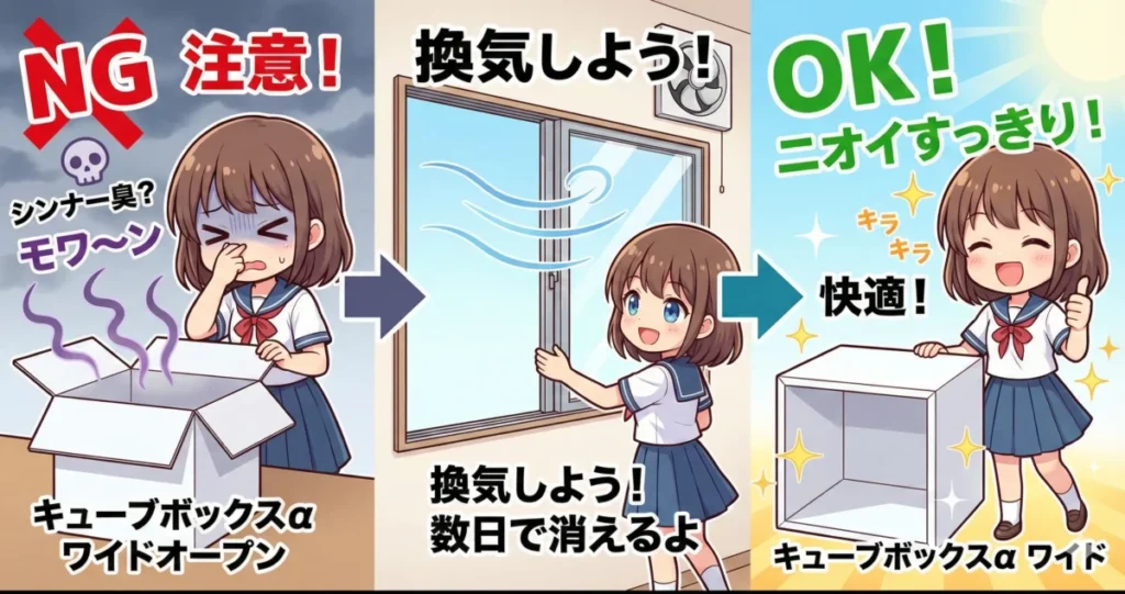 キューブボックスαの塗料の臭いが気になる人は作業中換気しよう