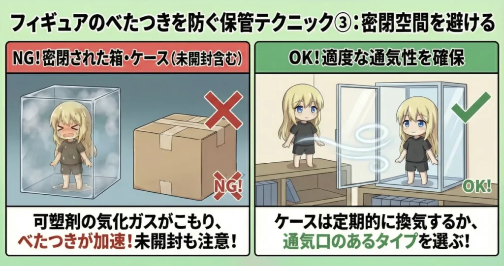 フィギュアのべたつきを防ぐ保管テクニック3つ目は、密閉空間を避けること。