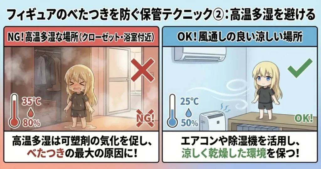 フィギュアのべたつきを防ぐ保管テクニック2つ目は、高温多湿を避けること。