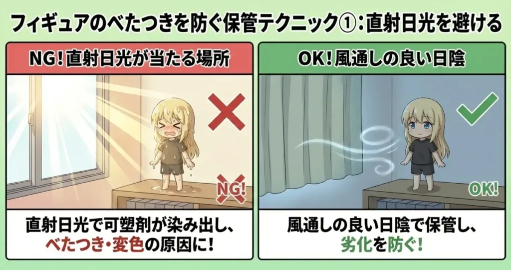 フィギュアのべたつきを防ぐ保管テクニック1つ目は、直射日光を避けること。