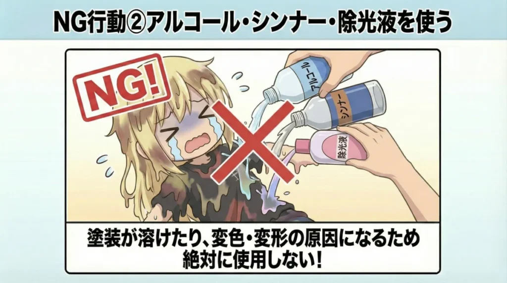 フィギュアのべたつきを落とすときにやってはいけないこと2つ目は、アルコールやシンナー、除光液を使うこと