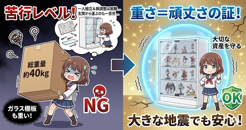 JAJANフィギュアラック扉タイプは総重量40kgあり1人での組み立ては困難