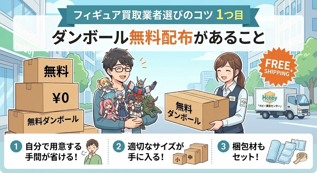 フィギュア買取業者選びのコツ1つ目は、ダンボール無料配布があること。