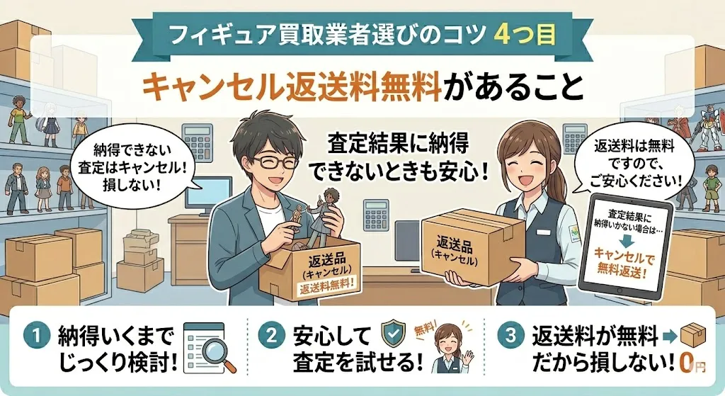 フィギュア買取業者選びのコツ4つ目は、キャンセル返送料無料があること。