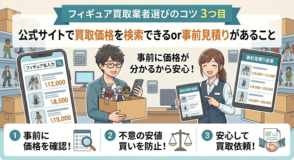 フィギュア買取業者選びのコツ3つ目は、公式サイトで買取価格を検索できるor事前見積りがあること。