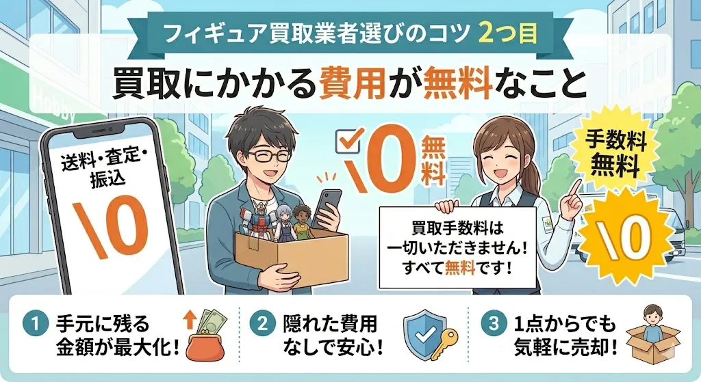 フィギュア買取業者選びのコツ2つ目は、買取にかかる費用が無料なこと。