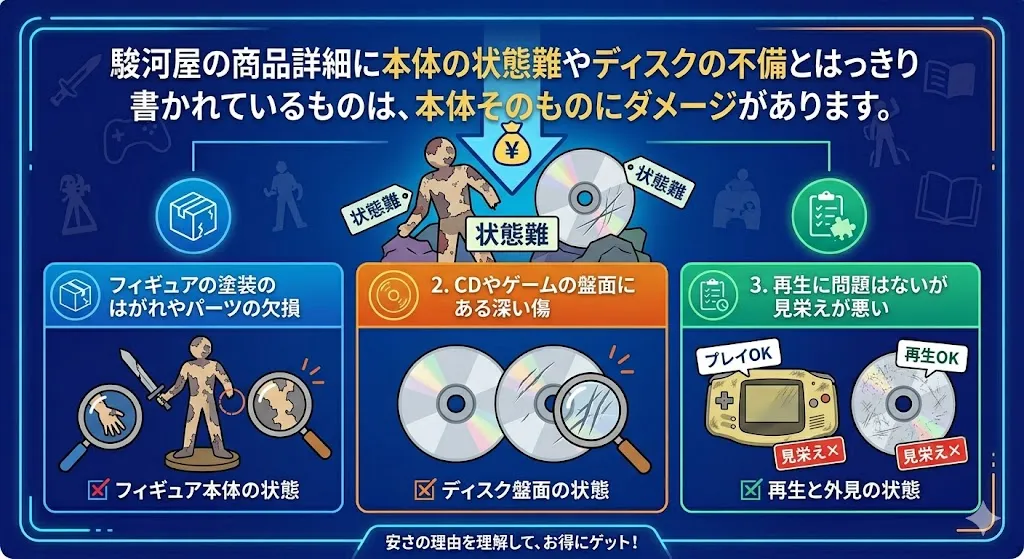 駿河屋の「本体不備」「ディスク不備」とは商品価値を損なう不具合がある中古品