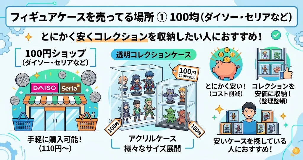フィギュアケースを売ってる場所1つ目は、100均（ダイソー・セリアなど）