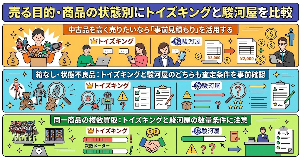 売る目的・商品の状態別にトイズキングと駿河屋を比較