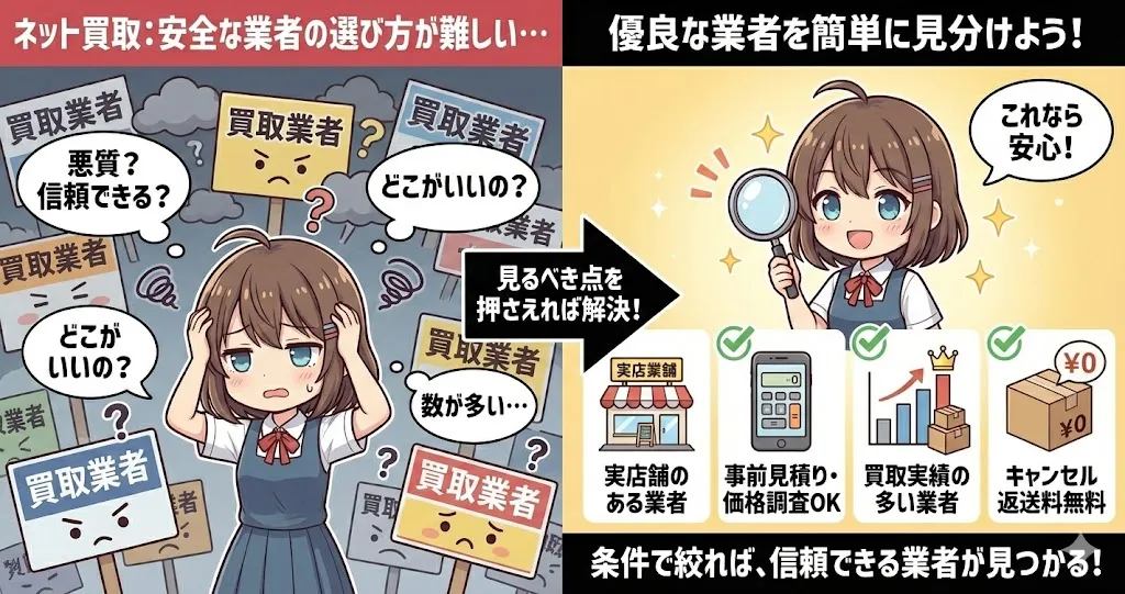 ネット買取業者を利用するデメリット3つ目は、安全な買取業者の選び方が難しいこと。