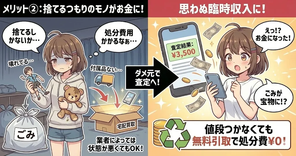 ネット買取業者を利用するメリット2つ目は、捨てるつもりのものでもお金に変わること。