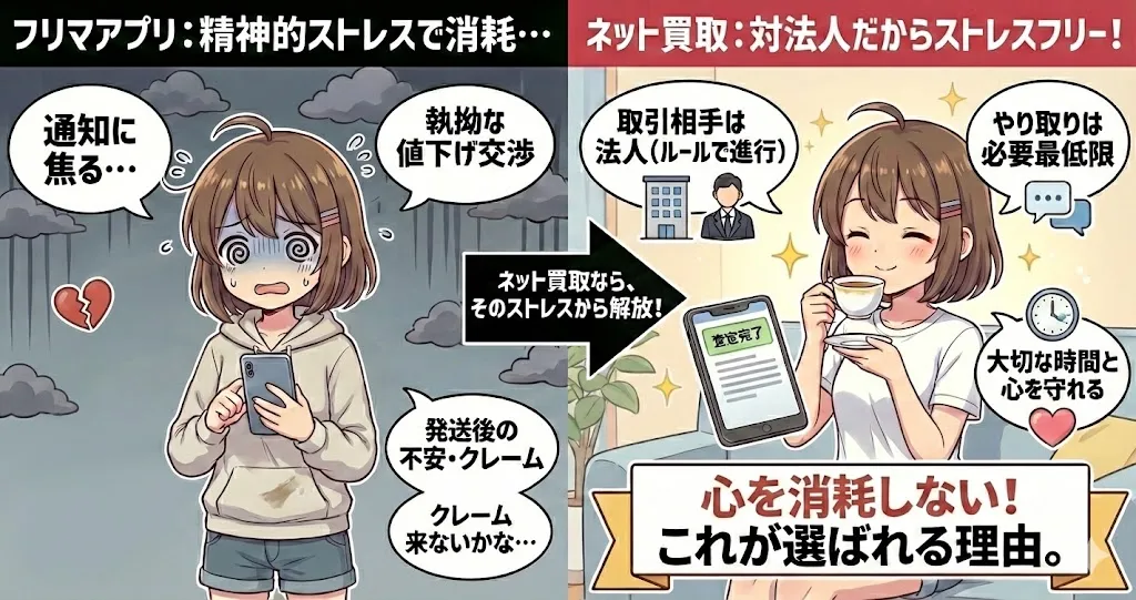 ネット買取業者を利用するメリット3つ目は、ストレスフリーなこと。