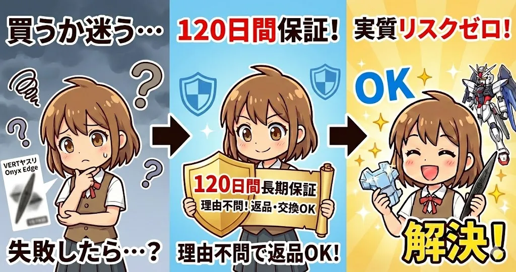 「VERTヤスリOnyx Edge」は120日の品質保証があるので安心