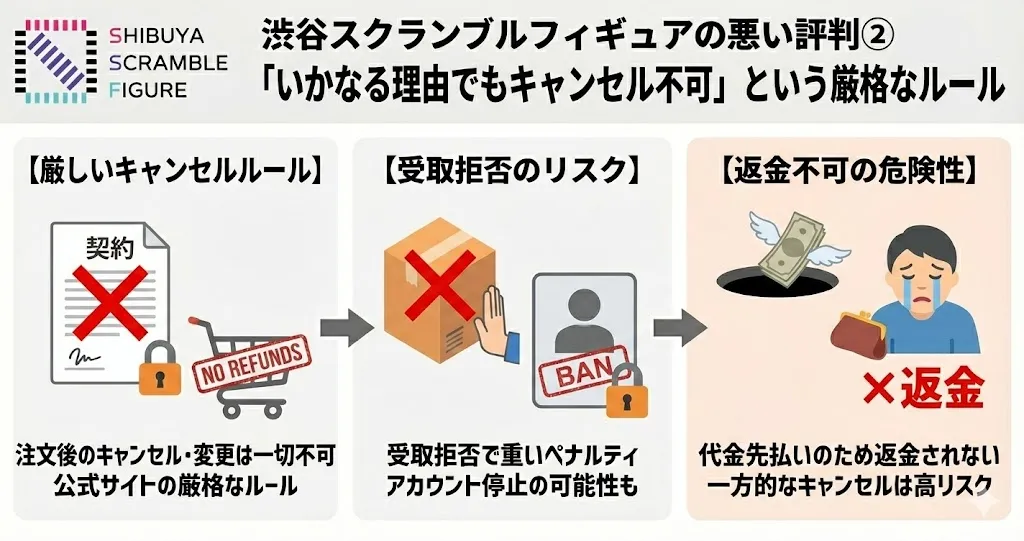 渋谷スクランブルフィギュアの悪い評判2つ目は、「いかなる理由でもキャンセル不可」という厳格なルー