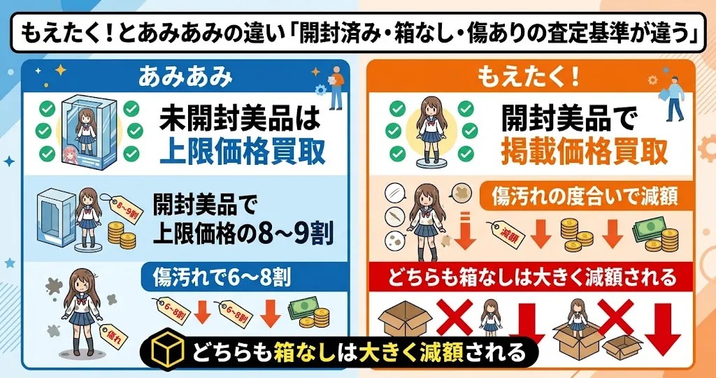 もえたく！とあみあみは開封済み・箱なし・傷ありの査定基準が違う