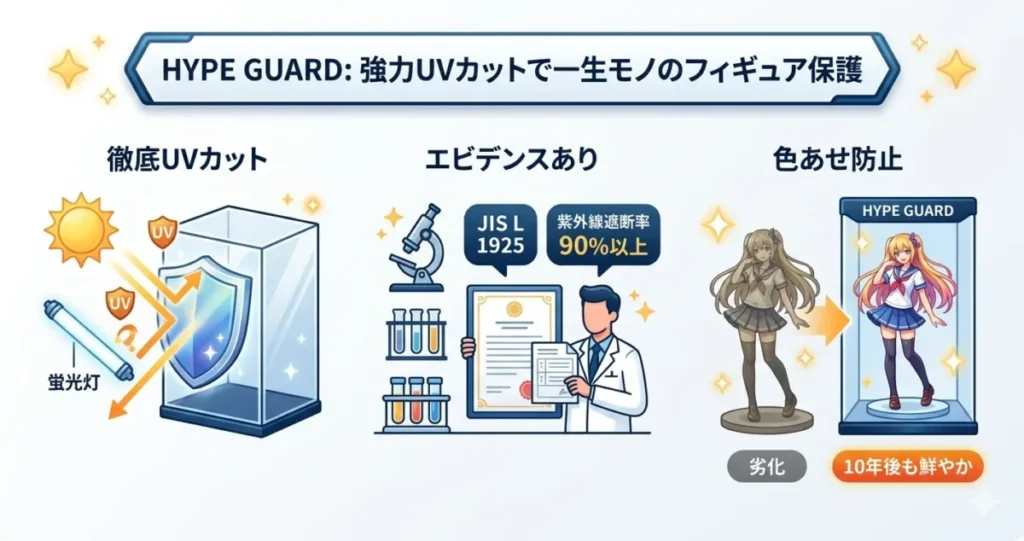 HYPE GUARDフィギュアケースは強力なUVカット性能がある