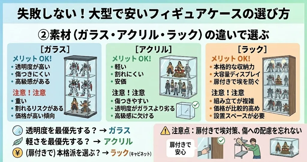 ガラス・アクリル・ラックの違いで選ぶ