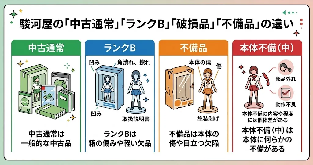 駿河屋の「中古通常」「ランクB」「破損品」「不備品」の違いを解説