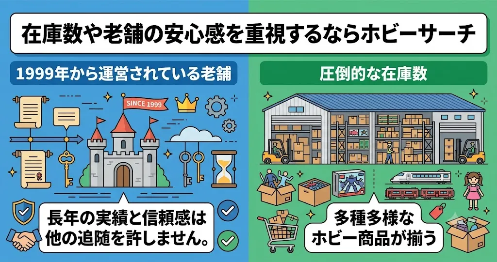 在庫数や老舗の安心感を重視するならホビーサーチ