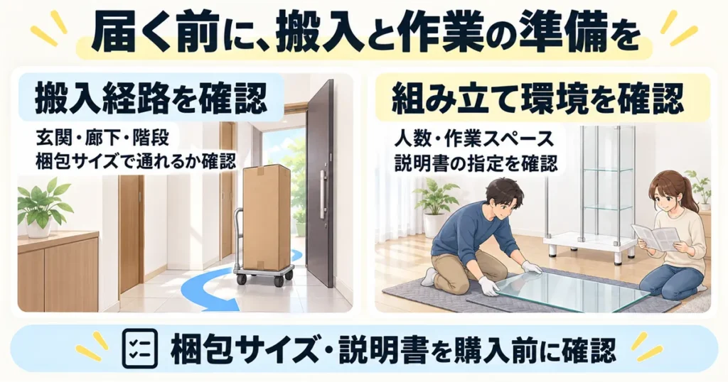 地球家具コレクションケースは搬入経路と組み立て人数・作業スペースを確認する