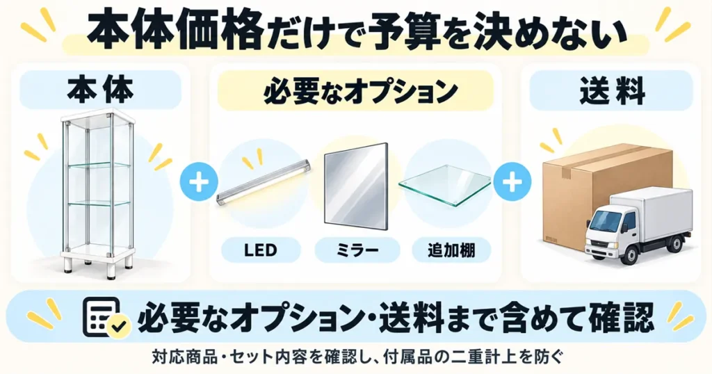 地球家具コレクションケースはLED・ミラー・追加棚を含めた総額を確認する