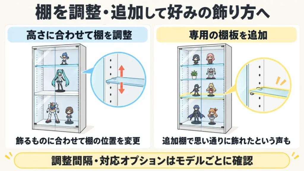 地球家具コレクションケースは棚板を調整・追加して飾り方を変えられる