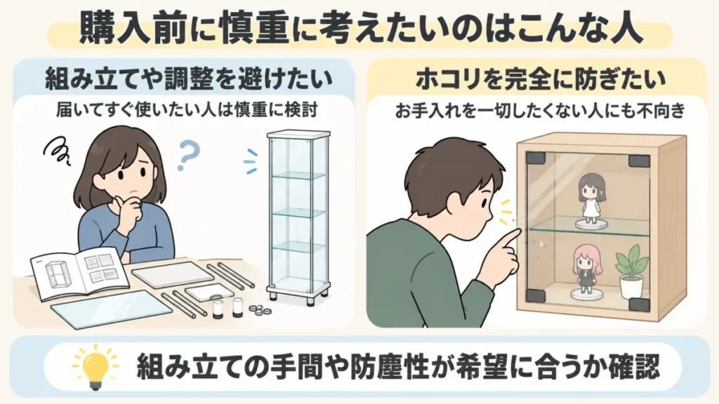 地球家具コレクションケースをおすすめしない人は組み立てや細部の調整を避けたい・完全防塵を求める人